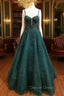Dark Green Prom Dress, A Line Sweetheart Spaghetti Straps Long Floor Length Tulle Prom Dresses With Beading Glitter Appliqued