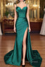 A Line Sweetheart Spaghetti Straps Sweep Train Silk like Satin Ruched Prom Dress Prom Dresses