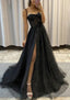 A Line Sweetheart Spaghetti Straps Sweep Train Tulle Glitter Prom Dresses With Appliqued