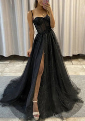A-line Sweetheart Spaghetti Straps Sweep Train Tulle Glitter Prom Dresses With Appliqued