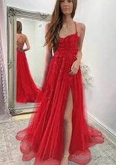 A-line Sweetheart Spaghetti Straps Sweep Train Tulle Prom Dresses With Appliqued Split