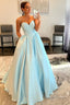 A Line Sweetheart Strapless Blue Long Prom Dresses