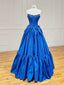 A-Line Taffeta Blue Long Prom Dresses, Blue Long Evening Dresses