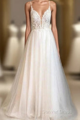 A-Line Thin Shoulder Strap Beach Wedding Dresses Lace And Floor Length Wedding Dresses
