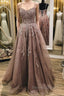A Line Thin Strap Lace Long Prom Dress, Lace Prom Dress