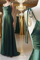 A Line Thin Straps Green Long Prom Dresses, Green Formal Graduation Evening Dresses