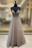 A-Line Tulle Beaded Long Prom Dresses, Cute V-Neck Evening Party Dresses