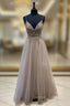 A Line Tulle Beaded Long Prom Dress, Cute V Neck Prom Dresses
