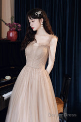 A-Line Tulle Beaded Long Prom Dress, Evening Party Dress