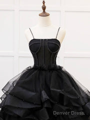 A-Line Tulle Beads Black Long Prom Dress, Black Sweet 16 Dress