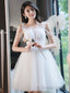 A Line Tulle Beads White Short Prom Dress, White Homecoming Dresses