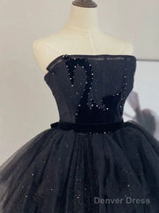 A-Line Tulle Black Long Prom Dress, Black Formal Evening Dress