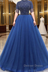 A-Line Tulle Blue Long Prom Dresses, Blue Formal Evening Dresses with Beading