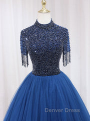 A-Line Tulle Blue Long Prom Dresses, Blue Formal Evening Dresses with Beading