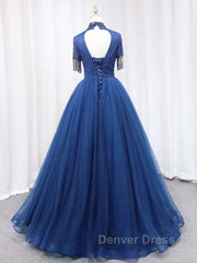 A-Line Tulle Blue Long Prom Dresses, Blue Formal Evening Dresses with Beading