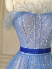 A-Line Tulle Blue Long Prom Dresses, Blue Tulle Formal Dresses