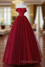 A-Line Tulle Burgundy Long Prom Dresses, Tulle Burgundy Long Formal Dresses