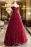 A-Line Tulle Burgundy Long Prom Dresses, Tulle Long Formal Dresses