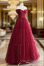 A Line Tulle Burgundy Long Prom Dress, Tulle Long Prom Dresses