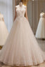 A-Line Tulle Flower Light Champagne Long Prom Dresses, Shiny Formal Dresses
