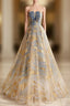 A-Line Tulle Gold/Blue Long Prom Dresses, Blue Formal Evening Dresses