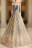 A Line Tulle Gold Blue Long Prom Dress, Blue Prom Dresses