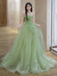 A Line Tulle Green Long Prom Dress, Green Long Prom Dresses