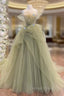 A-Line Tulle Green Long Prom Dresses, Green Tulle Long Sweet 16 Dresses