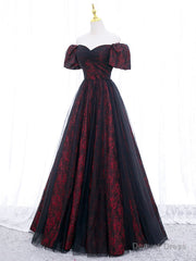 A-Line Tulle Lace Black/burgundy Long Prom Dress, Black/Burgundy Long Formal Dress