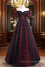 A Line Tulle Lace Black burgundy Long Prom Dress, Black Burgundy Long Prom Dresses