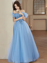 A-Line Tulle Lace Blue Long Prom Dress, Blue Formal Dresses