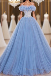A-Line Tulle Lace Blue Long Prom Dresses, Blue Lace Long Formal Dresses
