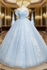 A-Line Tulle Lace Blue Long Prom Dresses Off Shoulder Sky Blue Dresses