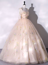 A-Line Tulle Lace Champagne Long Prom Dress, Champagne Formal Sweet 16 Dress