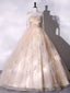 A-Line Tulle Lace Champagne Long Prom Dresses, Champagne Formal Sweet 16 Dresses