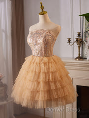 A-Line Tulle Lace Champagne Short Prom Dresses, Champagne Homecoming Dresses