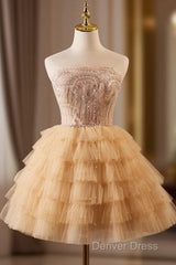 A-Line Tulle Lace Champagne Short Prom Dresses, Champagne Homecoming Dresses