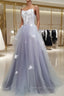 A line Tulle Lace Long Formal Dresses, Lace Tulle Prom Dresses