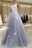 A Line Tulle Lace Long Prom Dress, Lace Tulle Prom Dresses