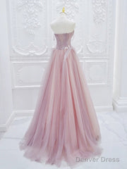 A-Line Tulle Lace Pink Long Prom Dress, Pink Tulle Lace Long Formal Dress