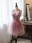 A-Line Tulle Lace Pink Short Prom Dress, Pink Homecoming Dress