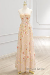 A-Line Tulle Lace Sequin Champagne Long Prom Dresses, Champagne Long Formal Dresses