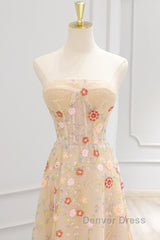 A-Line Tulle Lace Sequin Champagne Long Prom Dresses, Champagne Long Formal Dresses