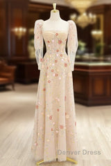 A-Line Tulle Lace Sequin Champagne Long Prom Dresses, Champagne Long Formal Dresses