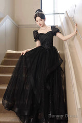 A-Line Tulle Lace Short Sleeve Prom Dress, Lovely Floor Length Evening Party Dress
