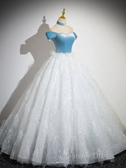 A-Line Tulle Lace White/Blue Long Prom Dresses, White/Blue Long Evening Dresses