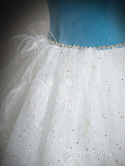 A-Line Tulle Lace White/Blue Long Prom Dresses, White/Blue Long Evening Dresses