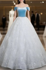 A-Line Tulle Lace White/Blue Long Prom Dresses, White/Blue Long Evening Dresses