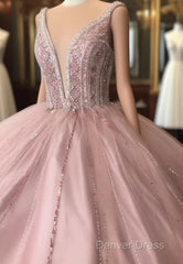 A-Line Tulle Long Formal Dresses Pink Prom Dresses,