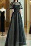 A Line Tulle Long Prom Dresses Black Formal Evening Dresses
